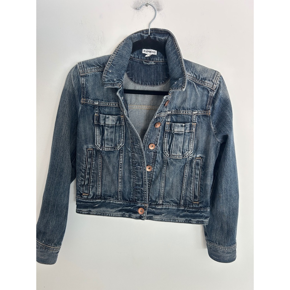 Express Womens Medium Wash Denim Trucker Jacket Cropped‎ Blue Jean Coat Size S